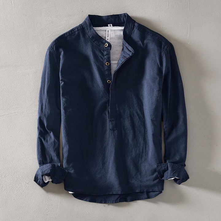 Camicia a Buddha Stones lunghe con bottoni a tinta unita in cotone e lino, abbigliamento maschile