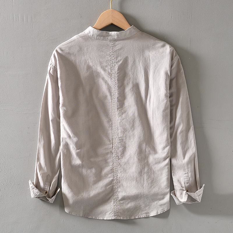 Camicia a Buddha Stones lunghe con bottoni a tinta unita in cotone e lino, abbigliamento maschile