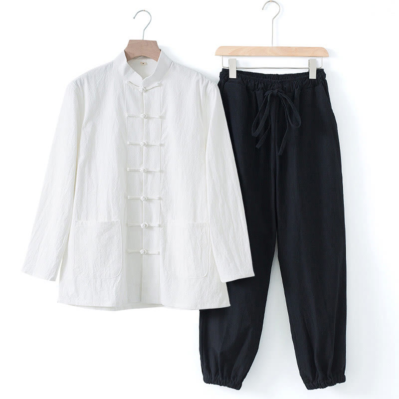 Buddha Stones Meditazione Rana-Bottone Tang Camicia Manica Lunga Pantaloni Uomo Completo