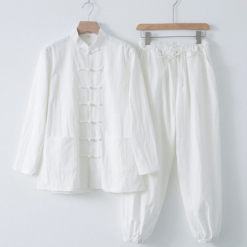 Buddha Stones Meditazione Rana-Bottone Tang Camicia Manica Lunga Pantaloni Uomo Completo - Camicia bianca e pantaloni bianchi - US/UK/AU44, EU54 (4XL) - image 1