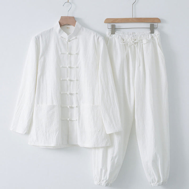 Buddha Stones Meditazione Rana-Bottone Tang Camicia Manica Lunga Pantaloni Uomo Completo - Camicia bianca e pantaloni bianchi - US/UK/AU44, EU54 (4XL) - image 1