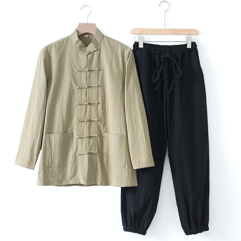 Buddha Stones Meditazione Rana-Bottone Tang Camicia Manica Lunga Pantaloni Uomo Completo - Camicia marrone chiaro e pantaloni neri - US/UK/AU44, EU54 (4XL) - image 22