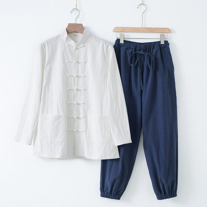 Buddha Stones Meditazione Rana-Bottone Tang Camicia Manica Lunga Pantaloni Uomo Completo - Camicia bianca e pantaloni blu scuro - US/UK/AU44, EU54 (4XL) - image 21