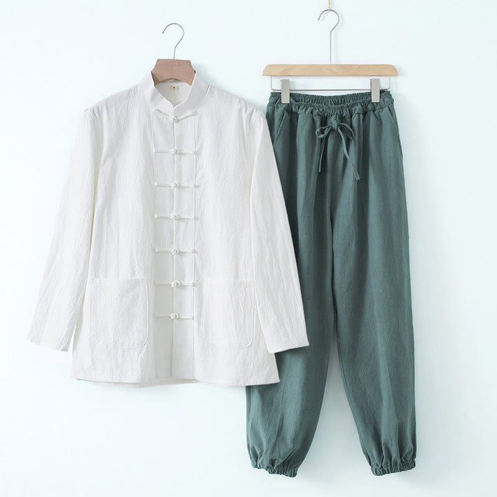 Buddha Stones Meditazione Rana-Bottone Tang Camicia Manica Lunga Pantaloni Uomo Completo - Camicia bianca e pantaloni blu cadetto - US/UK/AU44, EU54 (4XL) - image 20