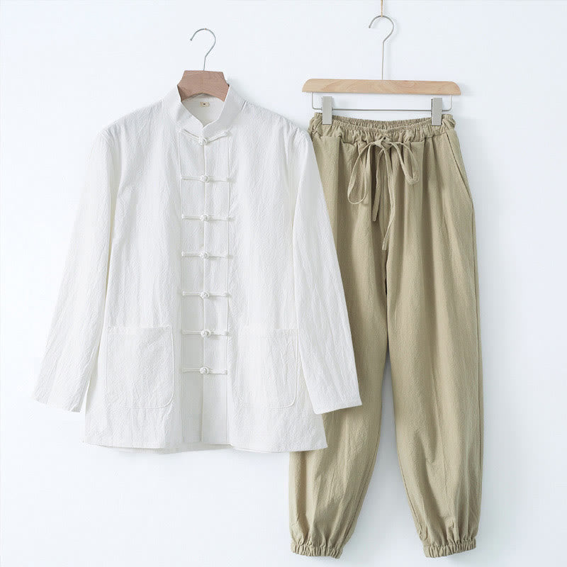 Buddha Stones Meditazione Rana-Bottone Tang Camicia Manica Lunga Pantaloni Uomo Completo - Camicia bianca e pantaloni color cuoio - US/UK/AU44, EU54 (4XL) - image 18