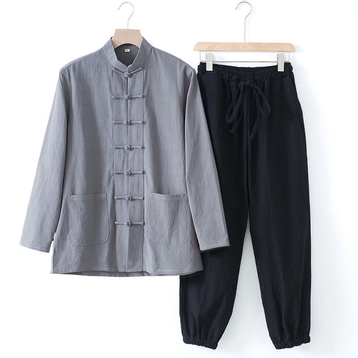 Buddha Stones Meditazione Rana-Bottone Tang Camicia Manica Lunga Pantaloni Uomo Completo