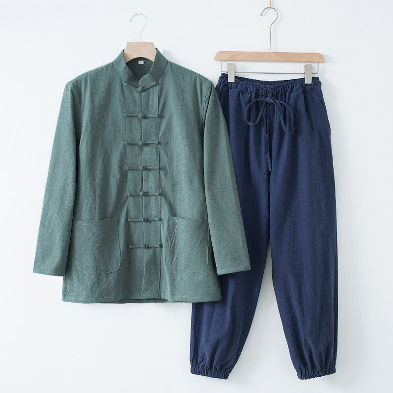 Buddha Stones Meditazione Rana-Bottone Tang Camicia Manica Lunga Pantaloni Uomo Completo - Camicia blu cadetto e pantaloni blu scuro - US/UK/AU44, EU54 (4XL) - image 25