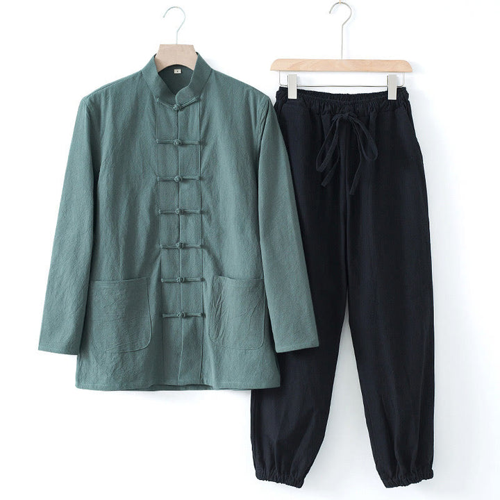 Buddha Stones Meditazione Rana-Bottone Tang Camicia Manica Lunga Pantaloni Uomo Completo - Camicia blu cadetto e pantaloni neri - US/UK/AU44, EU54 (4XL) - image 24