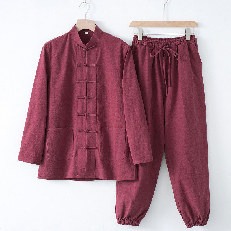 Buddha Stones Meditazione Rana-Bottone Tang Camicia Manica Lunga Pantaloni Uomo Completo - Camicia bordeaux e pantaloni bordeaux - US/UK/AU44, EU54 (4XL) - image 14