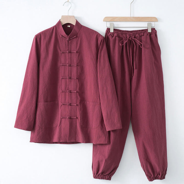 Buddha Stones Meditazione Rana-Bottone Tang Camicia Manica Lunga Pantaloni Uomo Completo - Camicia bordeaux e pantaloni bordeaux - US/UK/AU44, EU54 (4XL) - image 14