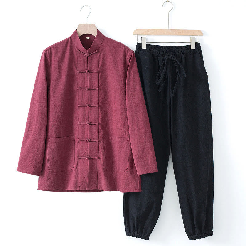 Buddha Stones Meditazione Rana-Bottone Tang Camicia Manica Lunga Pantaloni Uomo Completo - Camicia bordeaux e pantaloni neri - US/UK/AU44, EU54 (4XL) - image 23