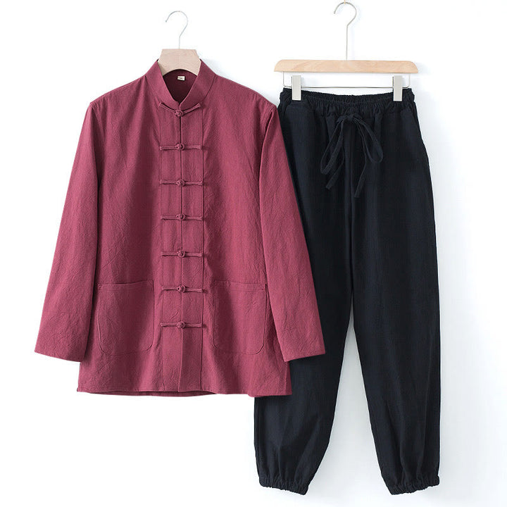 Buddha Stones Meditazione Rana-Bottone Tang Camicia Manica Lunga Pantaloni Uomo Completo - Camicia bordeaux e pantaloni neri - US/UK/AU44, EU54 (4XL) - image 23