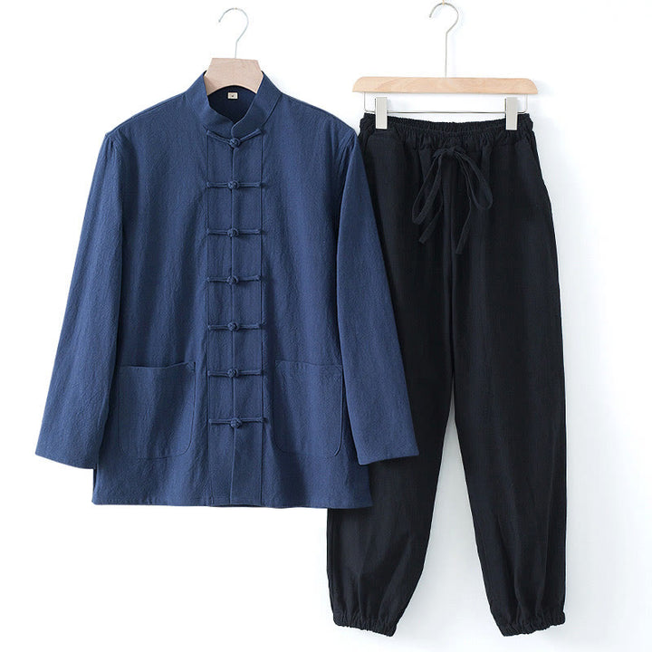 Buddha Stones Meditazione Rana-Bottone Tang Camicia Manica Lunga Pantaloni Uomo Completo