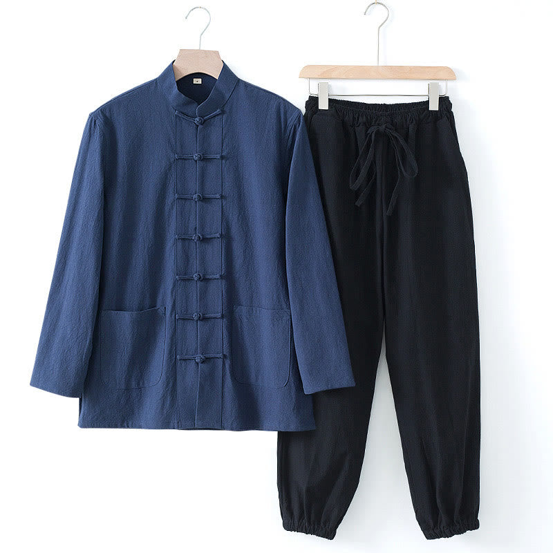 Buddha Stones Meditazione Rana-Bottone Tang Camicia Manica Lunga Pantaloni Uomo Completo - Camicia blu scuro e pantaloni neri - US/UK/AU44, EU54 (4XL) - image 0