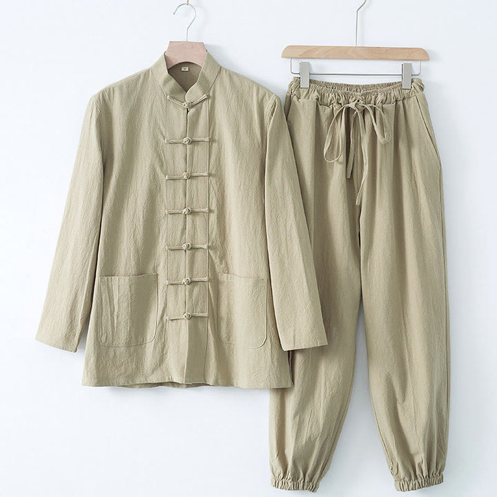 Buddha Stones Meditazione Rana-Bottone Tang Camicia Manica Lunga Pantaloni Uomo Completo - Camicia color cachi e pantaloni color cachi - US/UK/AU44, EU54 (4XL) - image 15