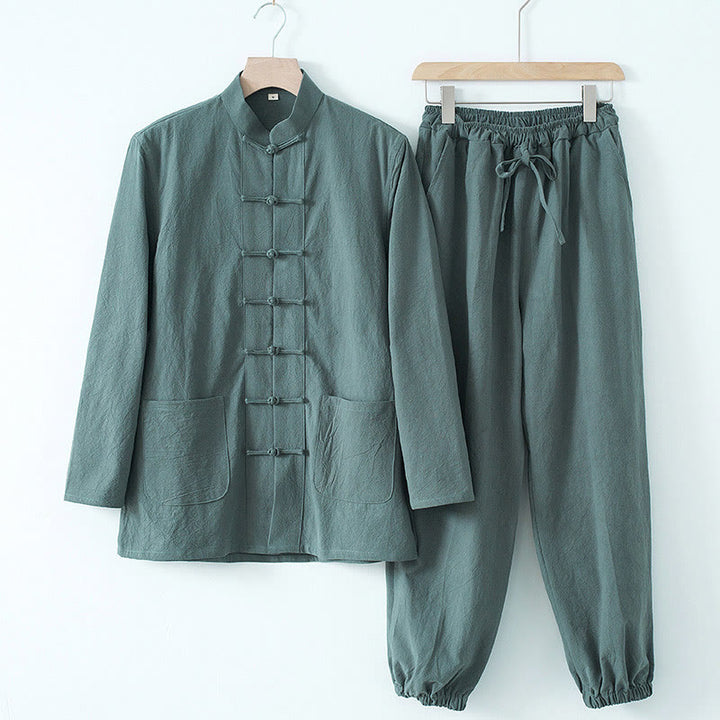 Buddha Stones Meditazione Rana-Bottone Tang Camicia Manica Lunga Pantaloni Uomo Completo - Camicia e pantaloni blu cadetto - US/UK/AU44, EU54 (4XL) - image 13