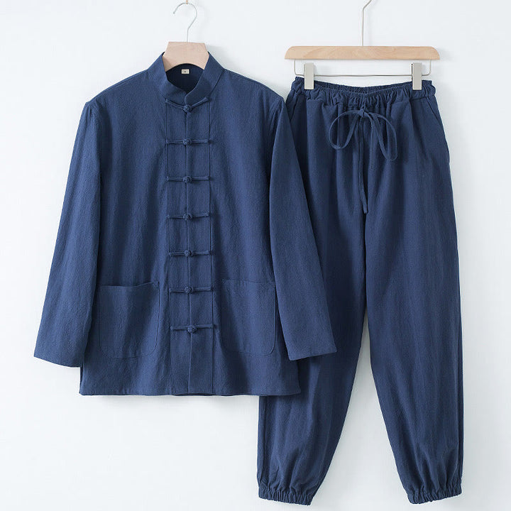 Buddha Stones Meditazione Rana-Bottone Tang Camicia Manica Lunga Pantaloni Uomo Completo