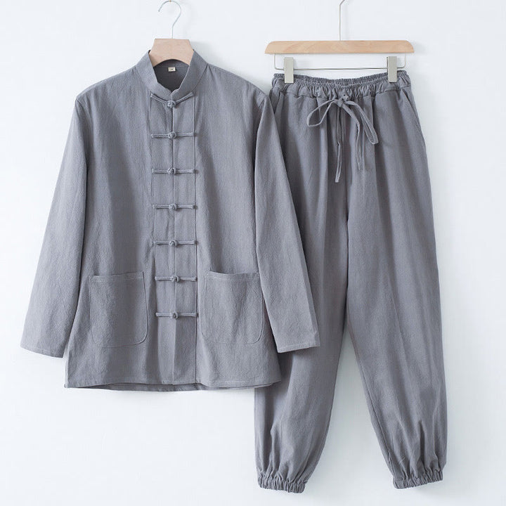 Buddha Stones Meditazione Rana-Bottone Tang Camicia Manica Lunga Pantaloni Uomo Completo - Camicia argentata e pantaloni argentati - US/UK/AU44, EU54 (4XL) - image 16