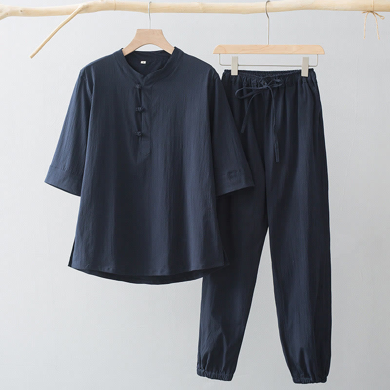 Buddha Stones Frog-Bottone Camicia Manica Tre Quarti Pantaloni Abito Uomo - Camicia blu notte e pantaloni blu notte - US/UK/AU44, EU54 (4XL) - image 4