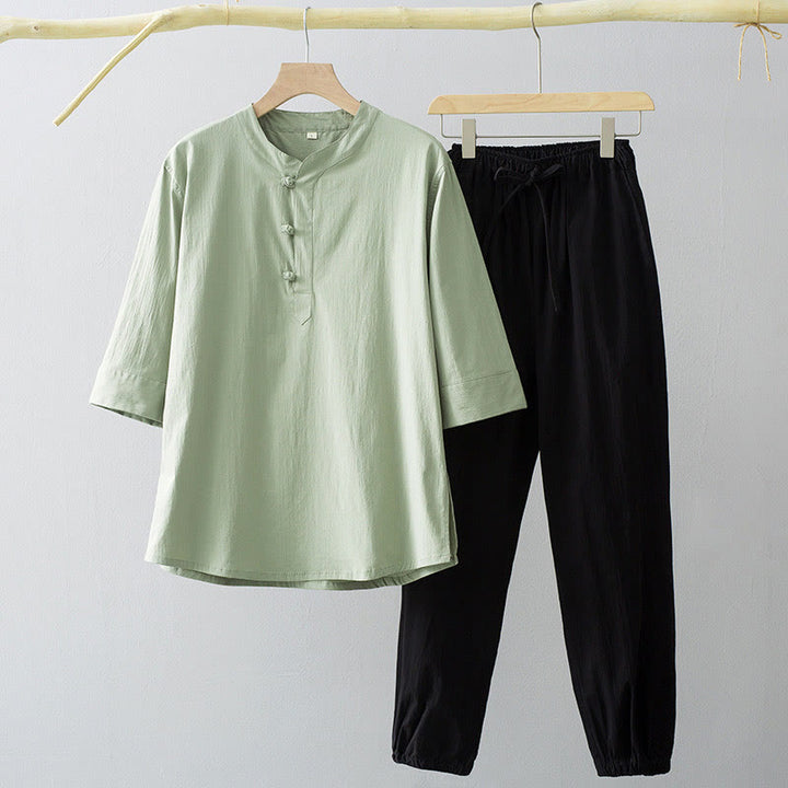 Buddha Stones Frog-Bottone Camicia Manica Tre Quarti Pantaloni Abito Uomo - Camicia verde mare scuro e pantaloni neri - US/UK/AU44, EU54 (4XL) - image 6