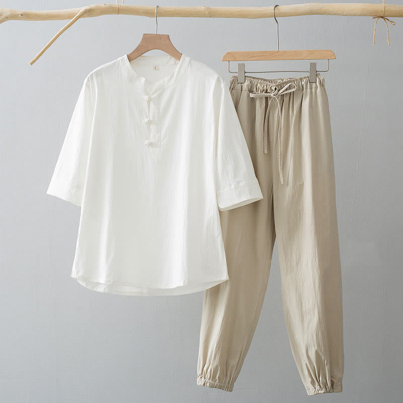 Buddha Stones Frog-Bottone Camicia Manica Tre Quarti Pantaloni Abito Uomo - Camicia bianca e pantaloni bianco antico - US/UK/AU44, EU54 (4XL) - image 7