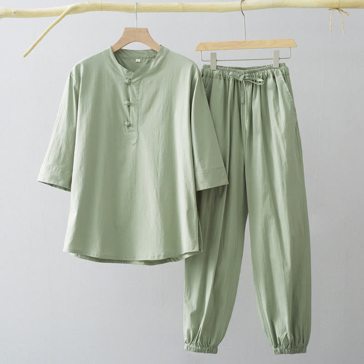 Buddha Stones Frog-Bottone Camicia Manica Tre Quarti Pantaloni Abito Uomo - Camicia verde mare scuro e pantaloni verde mare scuro - US/UK/AU44, EU54 (4XL) - image 5