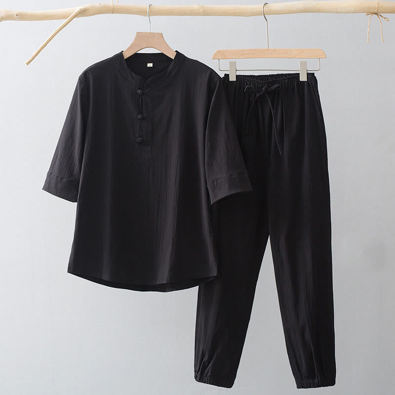 Buddha Stones Frog-Bottone Camicia Manica Tre Quarti Pantaloni Abito Uomo - Camicia nera e pantaloni neri - US/UK/AU44, EU54 (4XL) - image 3