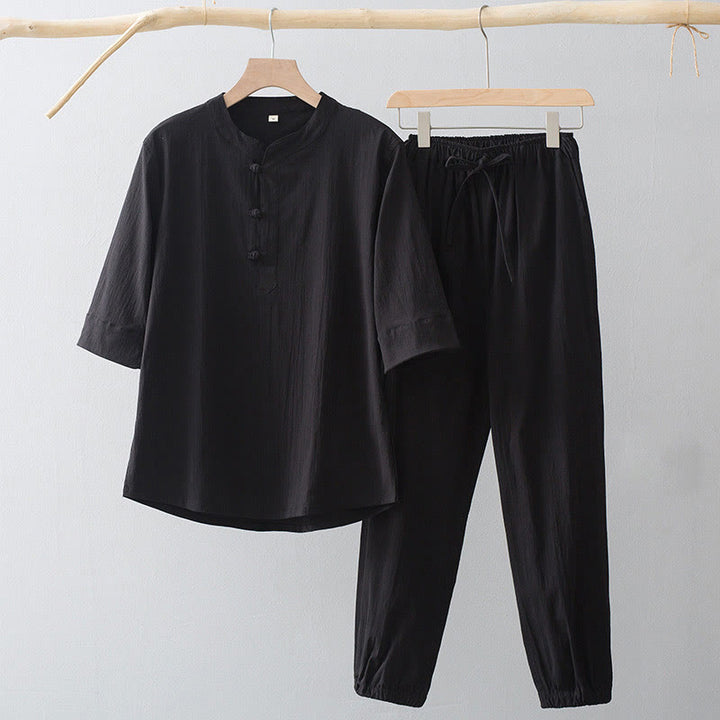 Buddha Stones Frog-Bottone Camicia Manica Tre Quarti Pantaloni Abito Uomo - Camicia nera e pantaloni neri - US/UK/AU44, EU54 (4XL) - image 3