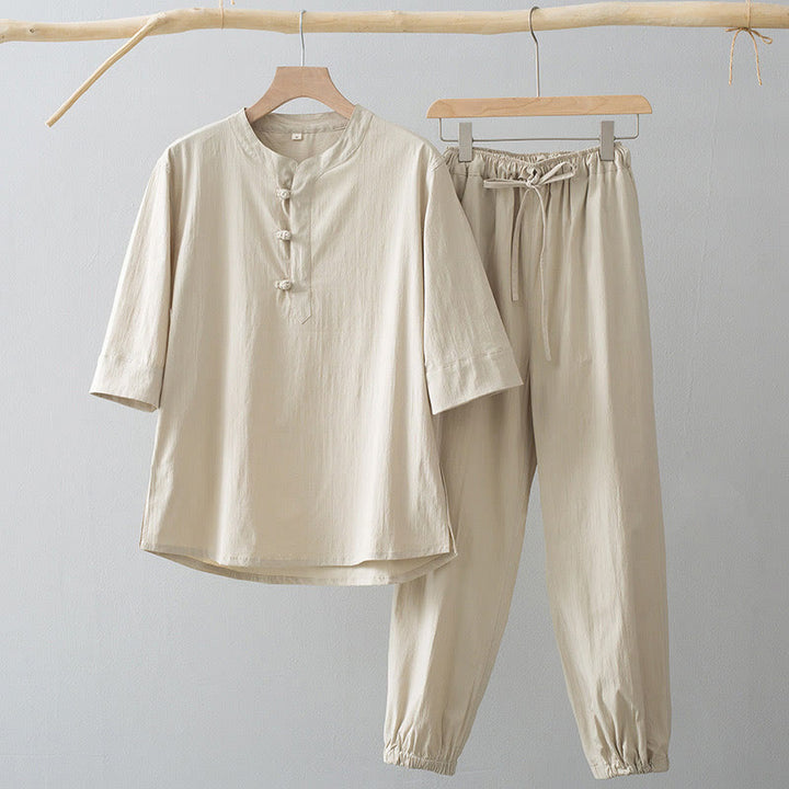 Buddha Stones Frog-Bottone Camicia Manica Tre Quarti Pantaloni Abito Uomo - Camicia bianca antica e pantaloni bianchi antichi - US/UK/AU44, EU54 (4XL) - image 0