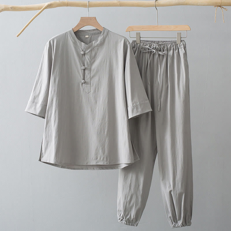 Buddha Stones Frog-Bottone Camicia Manica Tre Quarti Pantaloni Abito Uomo - Camicia Gainsboro e pantaloni Gainsboro - US/UK/AU44, EU54 (4XL) - image 2