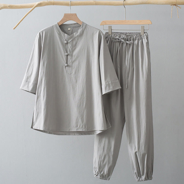 Buddha Stones Frog-Bottone Camicia Manica Tre Quarti Pantaloni Abito Uomo - Camicia Gainsboro e pantaloni Gainsboro - US/UK/AU44, EU54 (4XL) - image 2