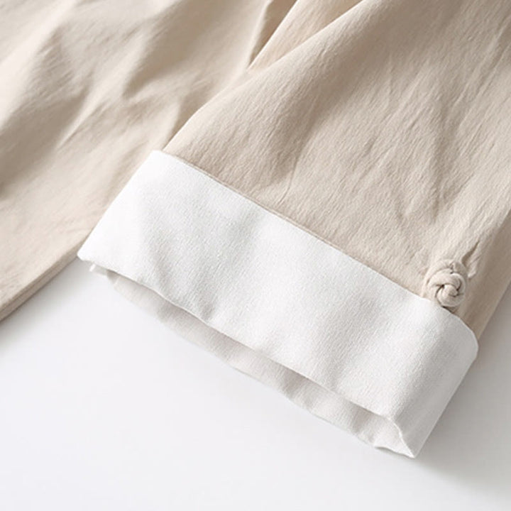 Camicia a maniche a tre quarti con bottoni a rana e Buddha Stones, pantaloni a gamba larga, abito da uomo in cotone e lino
