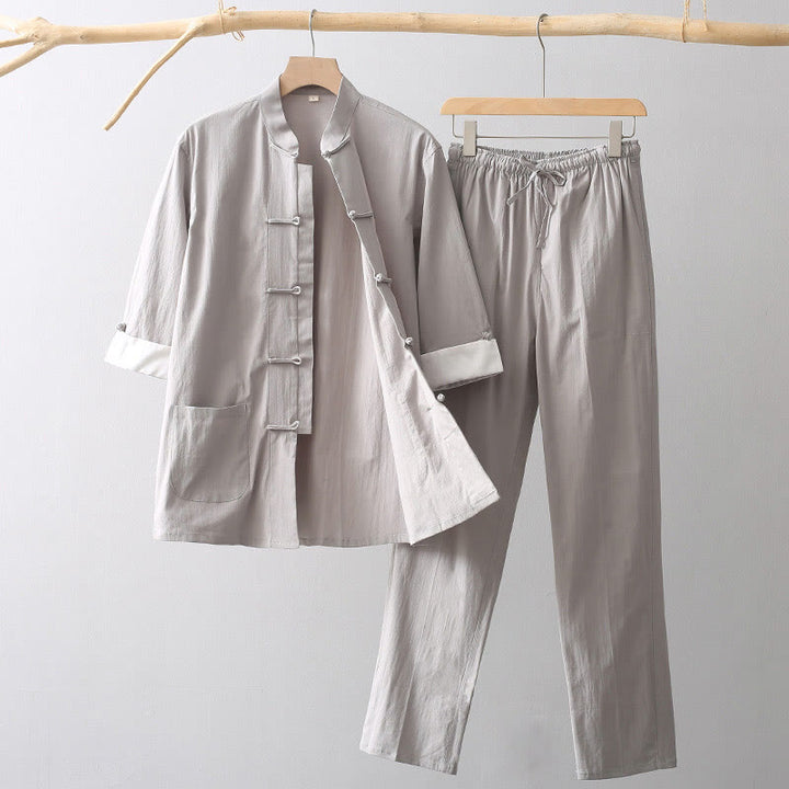 Camicia a maniche a tre quarti con bottoni a rana e Buddha Stones, pantaloni a gamba larga, abito da uomo in cotone e lino