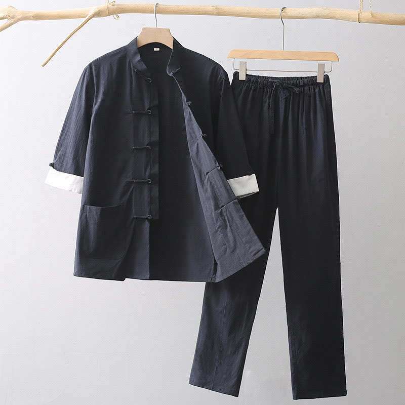Camicia a maniche a tre quarti con bottoni a rana e Buddha Stones, pantaloni a gamba larga, abito da uomo in cotone e lino