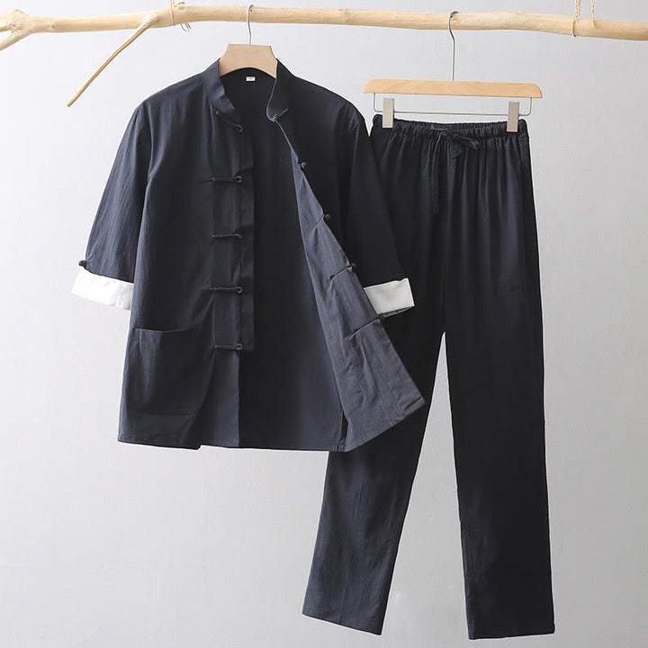Camicia a maniche a tre quarti con bottoni a rana e Buddha Stones, pantaloni a gamba larga, abito da uomo in cotone e lino