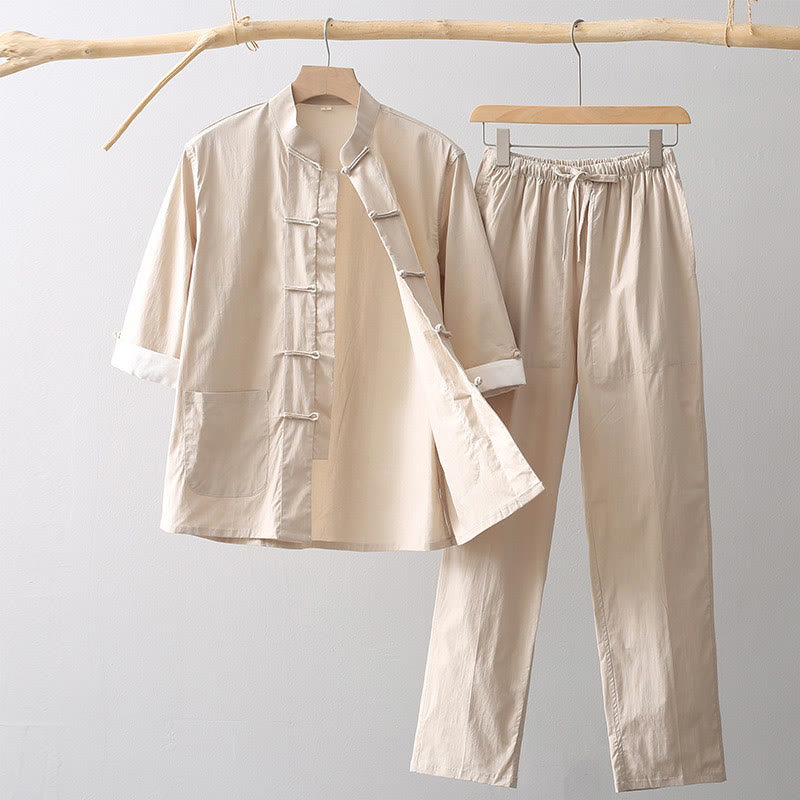 Camicia a maniche a tre quarti con bottoni a rana e Buddha Stones, pantaloni a gamba larga, abito da uomo in cotone e lino - Grano - US/UK/AU44, EU54 (4XL) - image 0