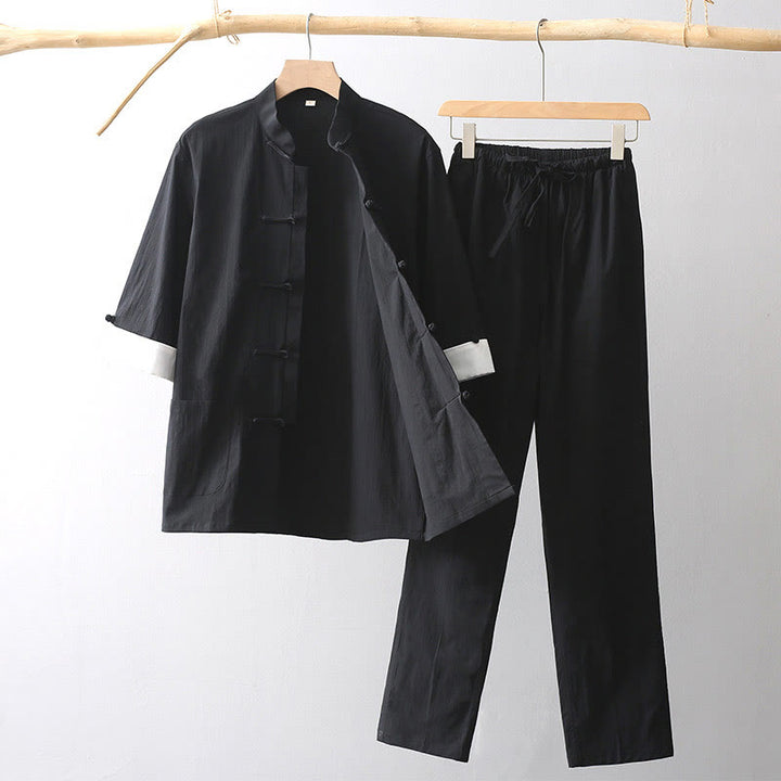Camicia a maniche a tre quarti con bottoni a rana e Buddha Stones, pantaloni a gamba larga, abito da uomo in cotone e lino
