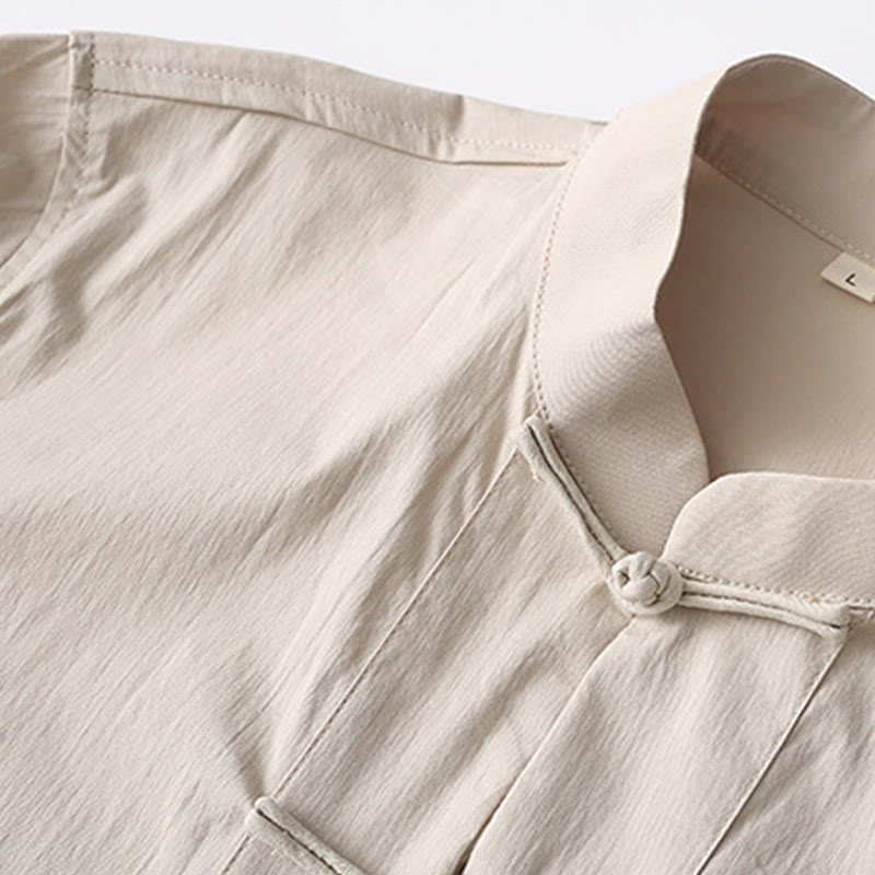 Camicia a maniche a tre quarti con bottoni a rana e Buddha Stones, pantaloni a gamba larga, abito da uomo in cotone e lino - image 9