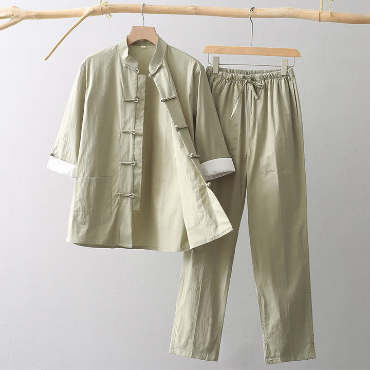 Camicia a maniche a tre quarti con bottoni a rana e Buddha Stones, pantaloni a gamba larga, abito da uomo in cotone e lino