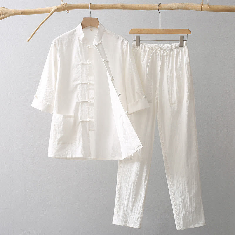 Camicia a maniche a tre quarti con bottoni a rana e Buddha Stones, pantaloni a gamba larga, abito da uomo in cotone e lino