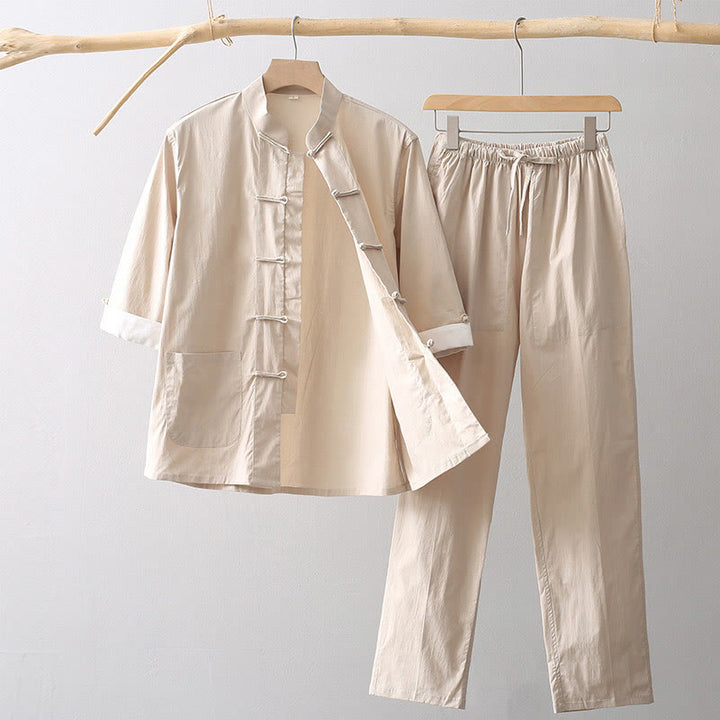 Camicia a maniche a tre quarti con bottoni a rana e Buddha Stones, pantaloni a gamba larga, abito da uomo in cotone e lino
