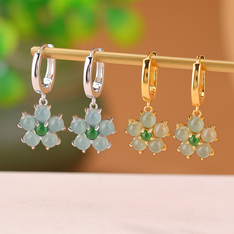 Orecchini Buddha Stones 925 Sterling Silver Placcato Oro Verde Giada Fiore Design Fortuna Prosperità