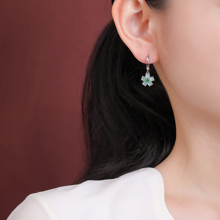 Orecchini Buddha Stones 925 Sterling Silver Placcato Oro Verde Giada Fiore Design Fortuna Prosperità