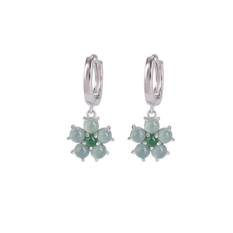 Orecchini Buddha Stones 925 Sterling Silver Placcato Oro Verde Giada Fiore Design Fortuna Prosperità