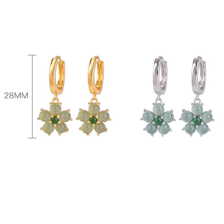 Orecchini Buddha Stones 925 Sterling Silver Placcato Oro Verde Giada Fiore Design Fortuna Prosperità