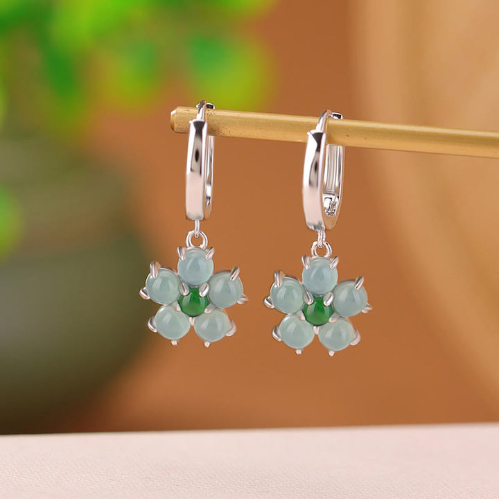 Orecchini Buddha Stones 925 Sterling Silver Placcato Oro Verde Giada Fiore Design Fortuna Prosperità