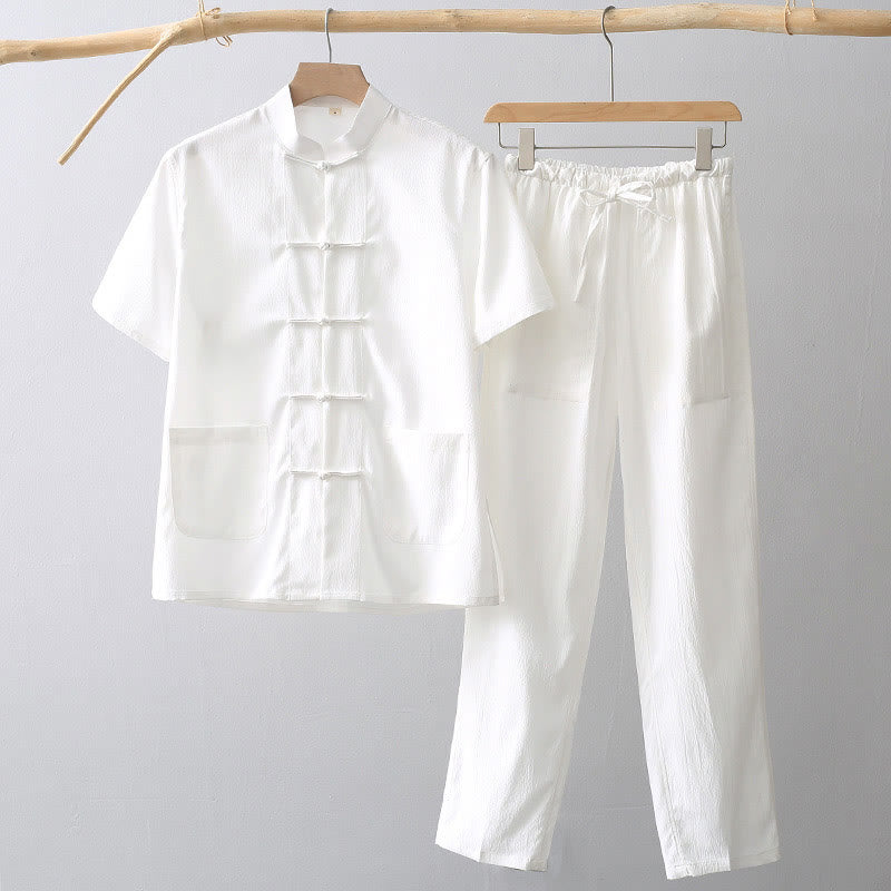 Buddha Stones Tang Frog-Bottone Camicia Manica Corta Pantaloni Gamba Larga Abito Uomo - Bianco - US/UK/AU44, EU54 (4XL) - image 0