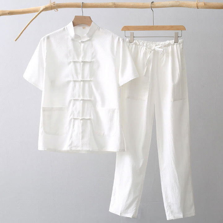 Buddha Stones Tang Frog-Bottone Camicia Manica Corta Pantaloni Gamba Larga Abito Uomo - Bianco - US/UK/AU44, EU54 (4XL) - image 0