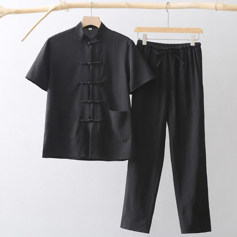 Buddha Stones Tang Frog-Bottone Camicia Manica Corta Pantaloni Gamba Larga Abito Uomo