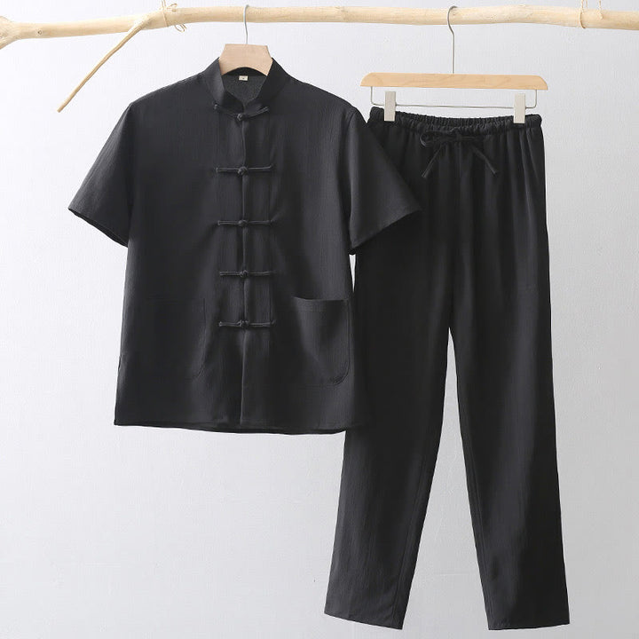 Buddha Stones Tang Frog-Bottone Camicia Manica Corta Pantaloni Gamba Larga Abito Uomo